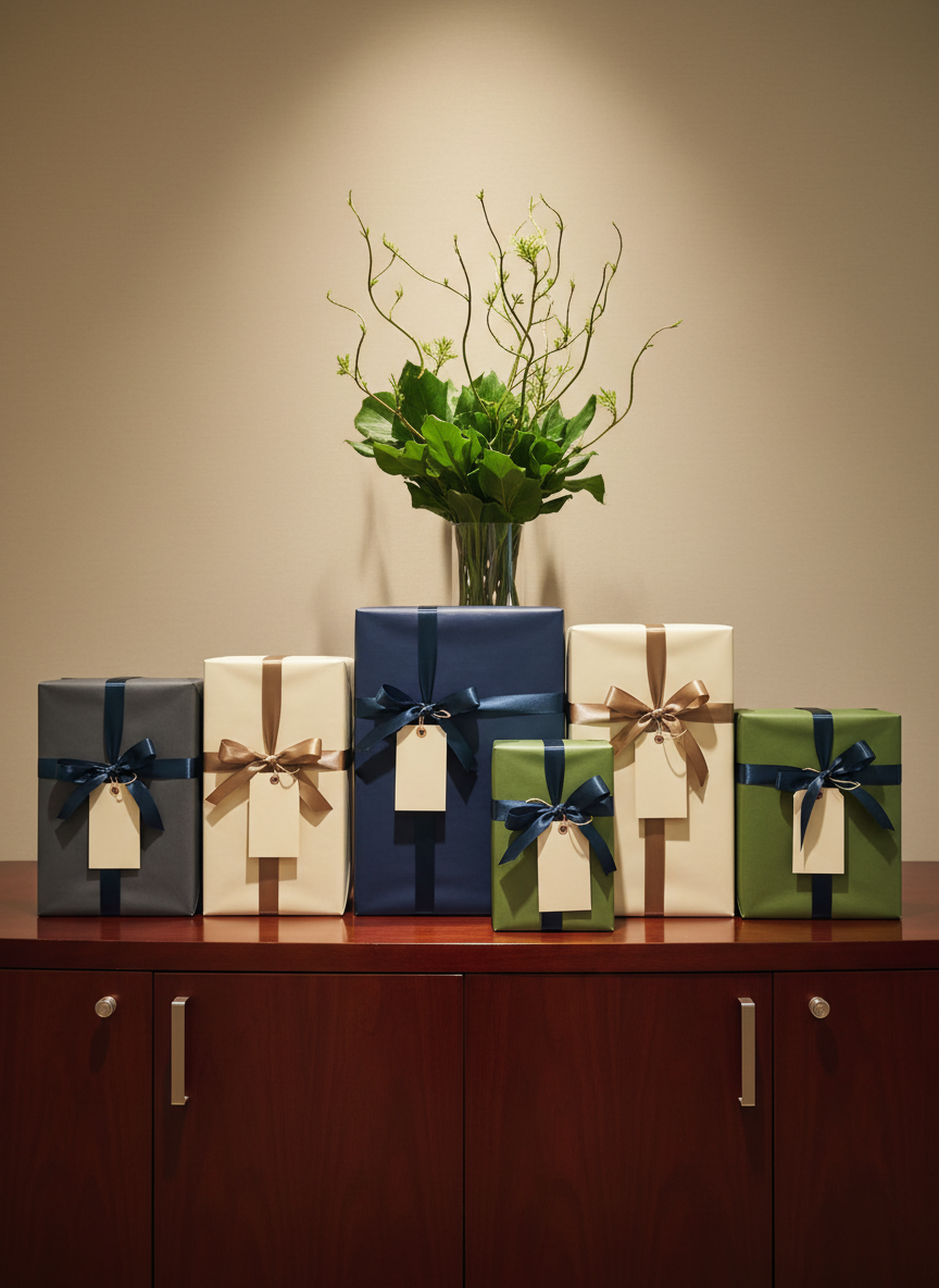 An elegant row of gift-wrapped corporate boxes in varying sizes, aligned on a polished dark wood sideboard in a reception-like setting. Each box is wrapped in high-quality matte paper in muted corporate tones, with neatly tied satin ribbons and small, blank gift tags hinting at personalization. A subtle arrangement of non-floral greenery in a glass vase adds sophistication in the background. Warm, indirect ambient lighting and a soft spotlight from above create gentle gradients across the packages, emphasizing their volume. Shot straight-on at eye level with sharp focus throughout, the photographic image conveys anticipation, care, and professional attention to detail, ideal for illustrating corporate gifting services and custom packaging options.