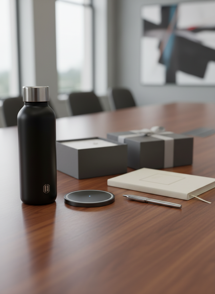 A carefully arranged selection of elegant corporate gifts displayed on a warm wooden conference table: a premium matte-black insulated bottle, a sleek wireless charger, a refined metal pen, and a minimalist notebook with a subtle debossed area suggesting custom branding. Behind them, discreet gift boxes and tissue paper hint at tailored packaging. Soft studio lighting from the left creates gentle reflections on the metal and smooth shadows along the table. The background is softly blurred, suggesting a modern office interior. Photographic realism, shot at eye level with a shallow depth of field, conveys a professional, polished and trustworthy atmosphere ideal for a corporate gifting website homepage.