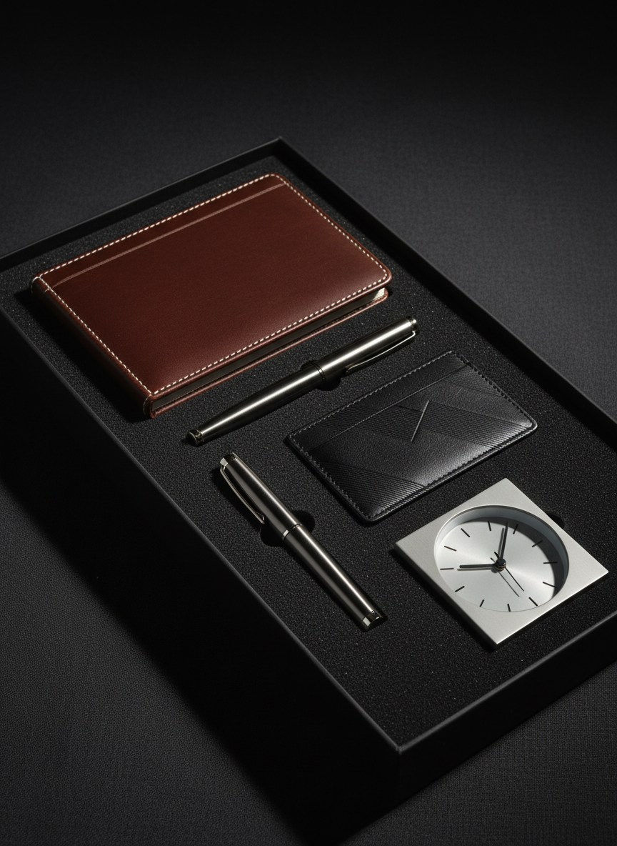 A premium executive gift set displayed on a dark charcoal fabric backdrop: a finely crafted leather notebook with meticulous stitching, a heavy metal rollerball pen, a slim black cardholder, and a discreetly designed desk clock with a brushed metal finish. All items are arranged in a slightly diagonal composition inside a custom foam insert, suggesting a high-end presentation box. A focused overhead studio light creates dramatic yet controlled highlights and soft edge shadows, emphasizing luxury materials and details. Photographic realism with a shallow depth of field keeps the central objects in crisp focus while softly fading the edges of the scene. The mood is exclusive, refined, and tailored to senior executive and VIP corporate gifting.