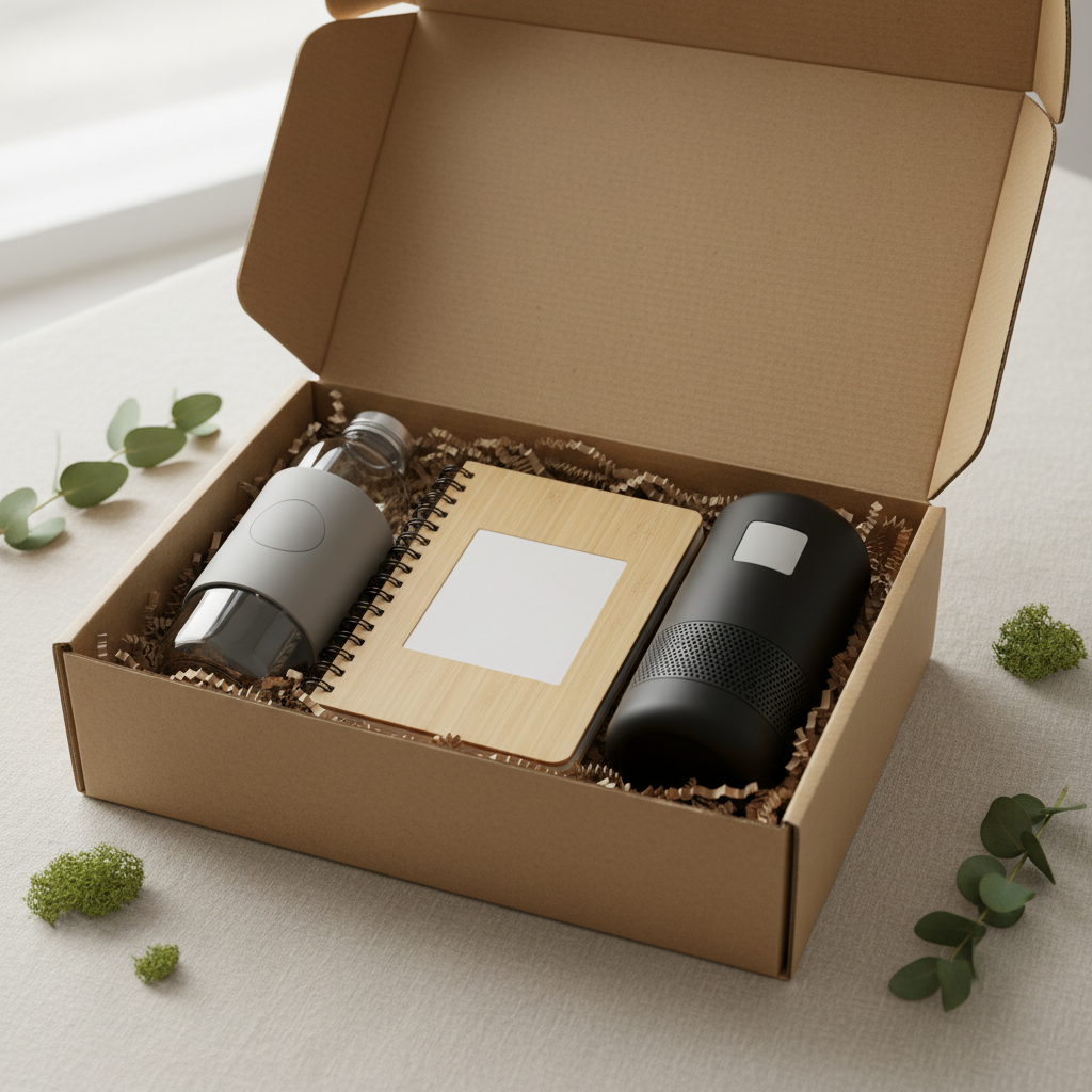 A luxurious corporate gift set presented in an open, high-quality kraft gift box with neatly folded crinkle paper filler. Inside, a refined glass water bottle with a silicone sleeve, an eco-friendly bamboo notebook, and a compact wireless speaker sit precisely aligned, each with a discreet blank space for potential logo placement. The box rests on a neutral linen surface, with a few sprigs of greenery adding a subtle eco-conscious touch. Soft, diffused daylight from a nearby window illuminates the textures and materials, creating delicate highlights on glass and metal. Captured from a slightly elevated angle in photographic realism, the mood is premium yet approachable, perfect for illustrating high-end business gift sets.