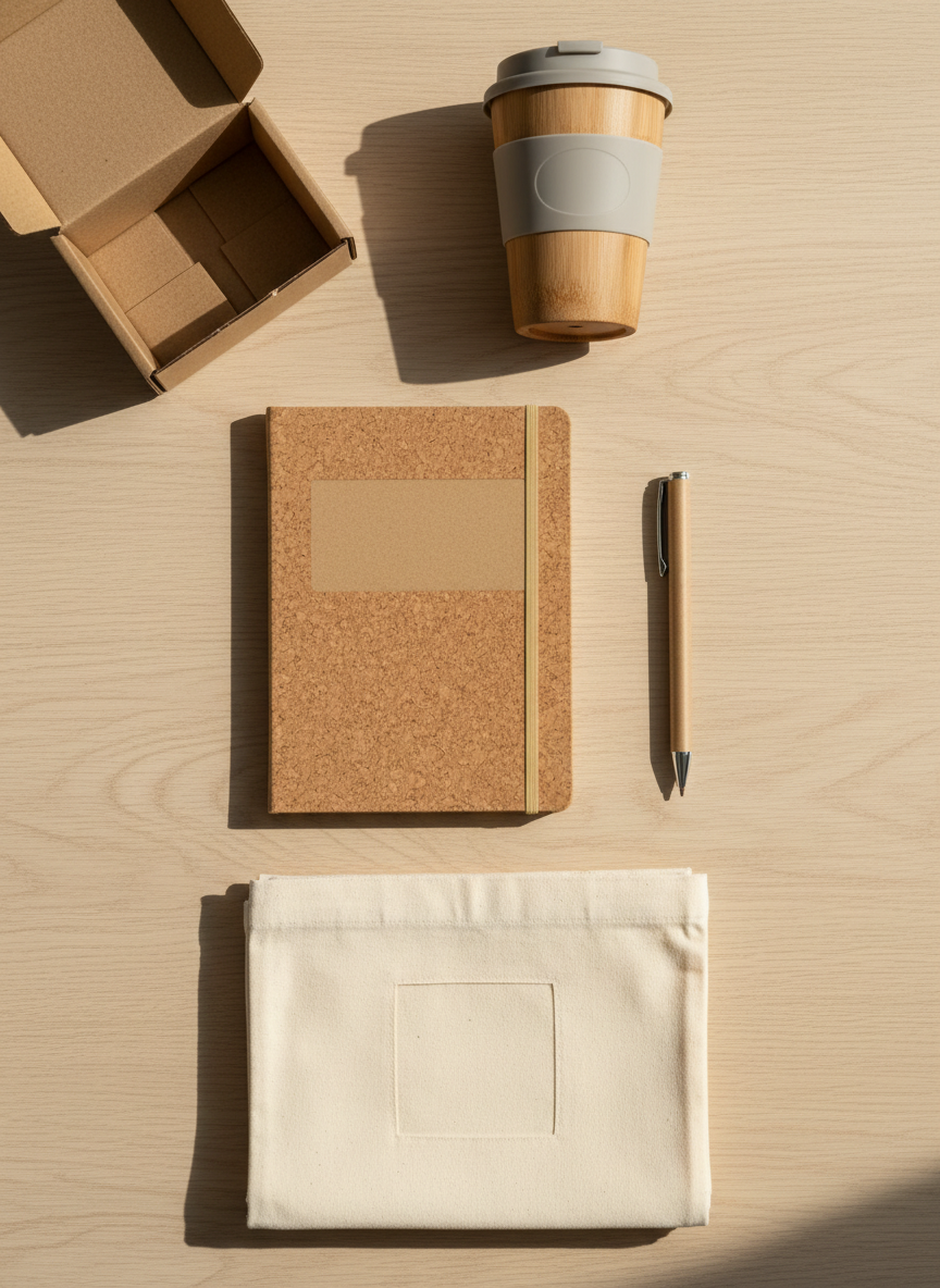 A close-up, photorealistic image of an eco-friendly corporate welcome kit laid out on a light oak surface: a cork-covered notebook, a recycled-paper pen, a bamboo travel mug, and a soft organic cotton tote bag neatly folded. Each object has a clean, unprinted area reserved for branding, subtly catching the light. A small recycled-cardboard box sits open in the corner, hinting at sustainable packaging. Natural, diffused daylight from the right creates soft shadows and enhances the organic textures. Captured from directly above in a flat-lay composition, with balanced spacing and a clean, minimalist aesthetic, the mood is modern, responsible, and reassuring, perfect for highlighting environmentally conscious business gifts for new employees or partners.