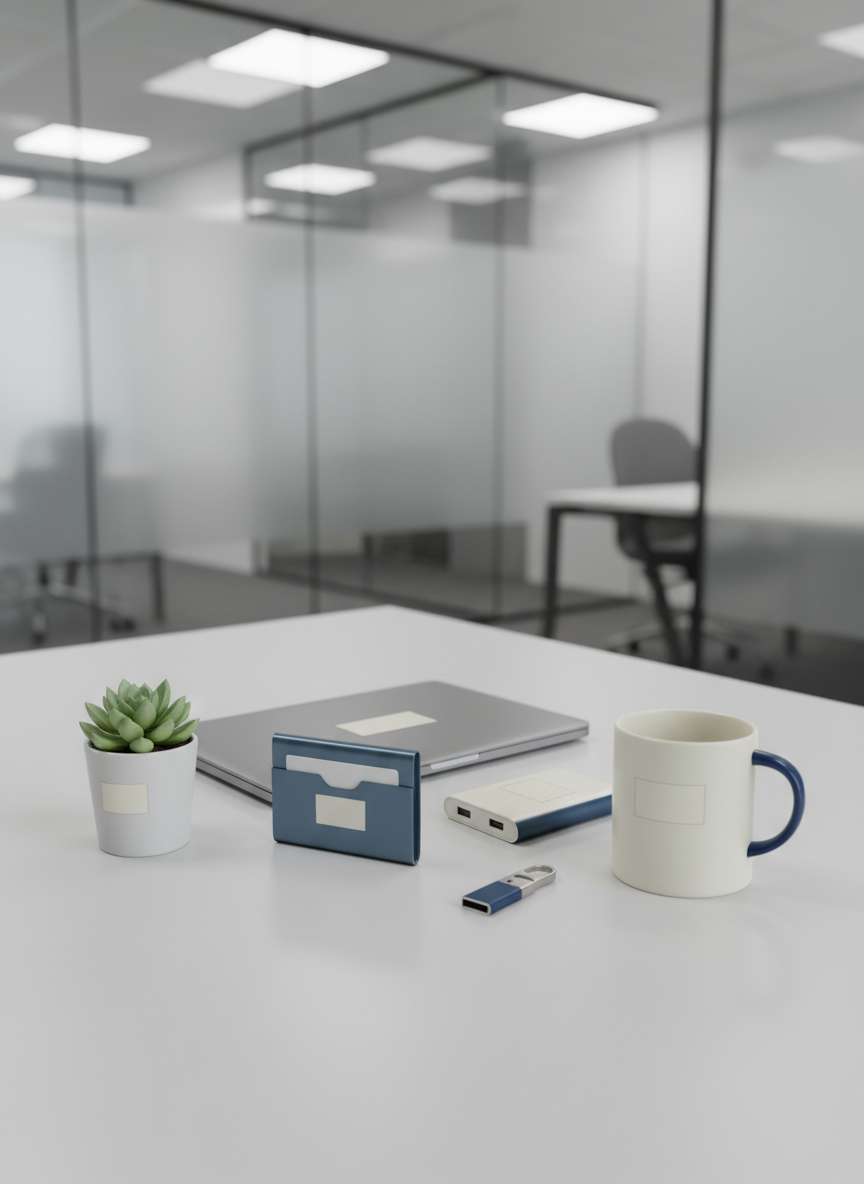 A clean, modern desktop scene showcasing personalized office goodies: a smooth metal card holder, a slim power bank, a precision-crafted USB key, and a minimalist ceramic mug, all in coordinated neutral and deep blue tones. Each item features a blank, subtly highlighted zone suitable for future branding. They are arranged on a light grey desk beside a closed laptop and a small plant in a simple pot. Soft, overhead studio lighting creates crisp yet gentle shadows, emphasizing shapes and finishes. The composition follows the rule of thirds, shot from a slightly elevated perspective, with a lightly blurred background suggesting a contemporary corporate workspace. Photographic realism with a calm, organized, professional mood suitable for a product category page.